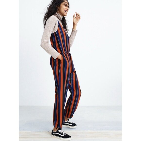 Madewell‎ X No. 6 Playa Cami Silk Jumpsuit Women 6 Orange Navy Striped Preppy - Picture 7 of 12